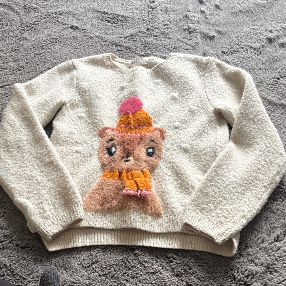 H&M Cream Kids Sweater with Pink & Orange Bear Graphic